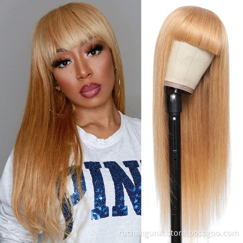 Uniky Honey Blond Human Hair Wigs with Bangs Brazilian Straight Hair Gold Wig Glueless None Lace Wigs for Women